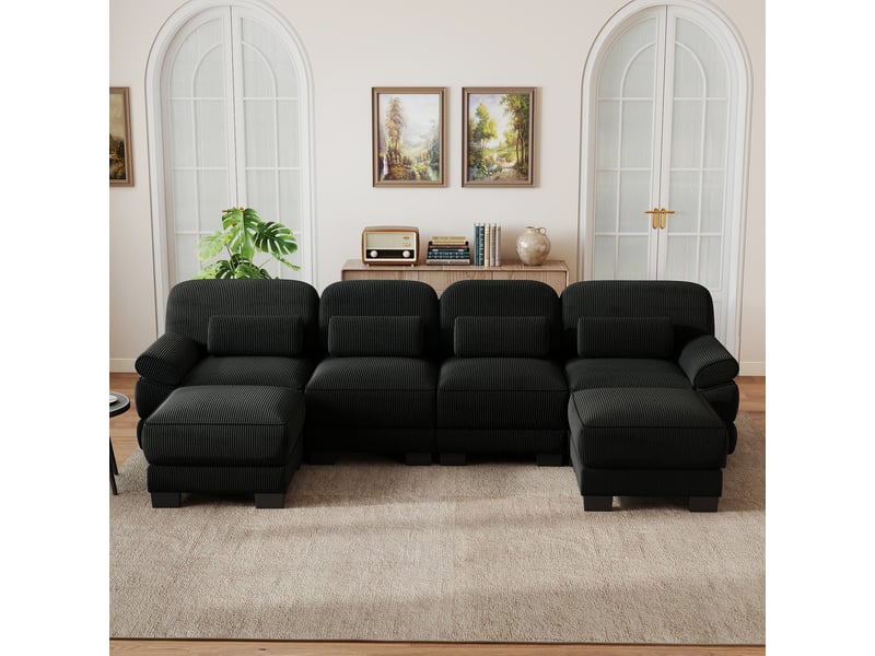  Canapé modulable u 4 places en velours côtelé noir avec 2 ottomans et assise profonde  - Conforama B