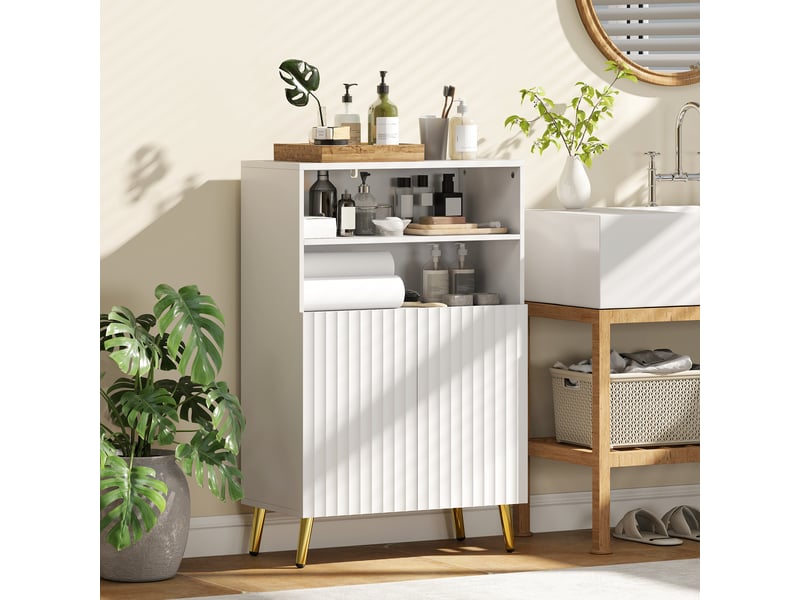  Meuble de salle de bain, commode pour salon, portes à fermeture amortie, 2 étagères ouvertes, mdf, blanc  - Conforama C