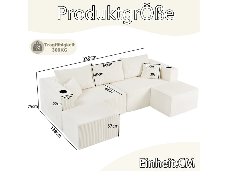  Canapé d’angle 3 places modenvie modulable l avec poufs mobiles, velours côtelé, porte-gobelets, poches latérales, coussins, beige  - Conforama C