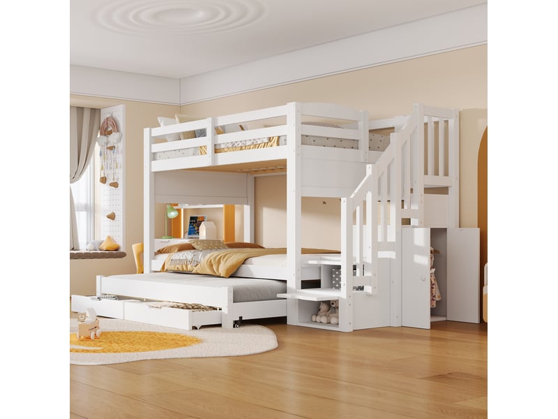  Lit superposé tcqpz 90 x 200 cm avec lit gigogne 90 x 190 cm, escalier de rangement, 2 tiroirs et armoire intégrée blanc  - Conforama E
