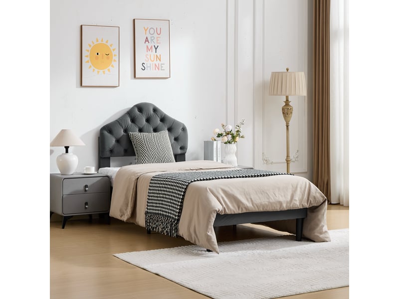  Lit simple 90x200 cadre de lit en velours gris avec tête de lit réglable en hauteur et sommier à lattes  - Conforama B
