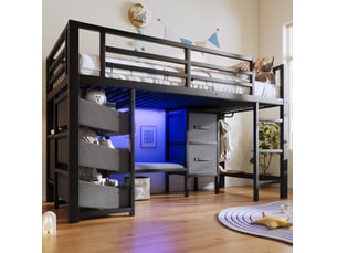 Lit mezzanine 90 x 200 cm noir en métal, avec coussin d'assise, rangements et éclairage led multicolore