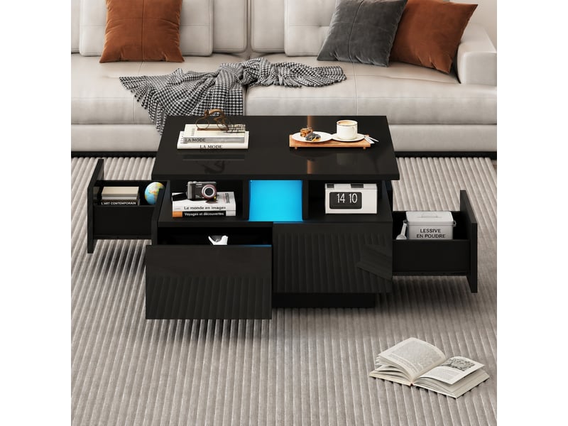  Table basse avec rangement et éclairage led, carrée 70 x 70 x 40 cm, 4 tiroirs, noir  - Conforama B