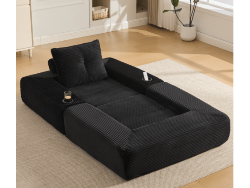  Canapé convertible 2 places avec porte-gobelet et poches latérales -  mousse mémoire, velours côtelé noir  - Conforama B