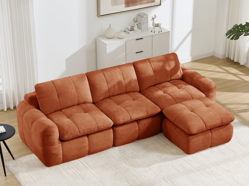  Canapé d'angle modulable 3 places en tissu chenille, forme l avec pouf, orange  - Conforama B
