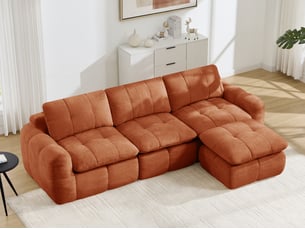 Canapé d'angle modulable 3 places en tissu chenille, forme l avec pouf, orange