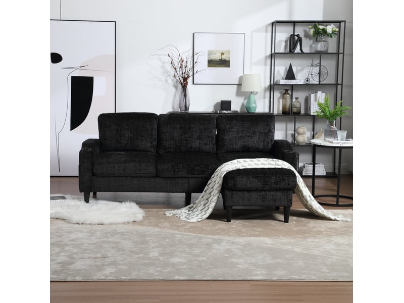  Canapé 4 places noir en chenille avec pouf de rangement  - Conforama D