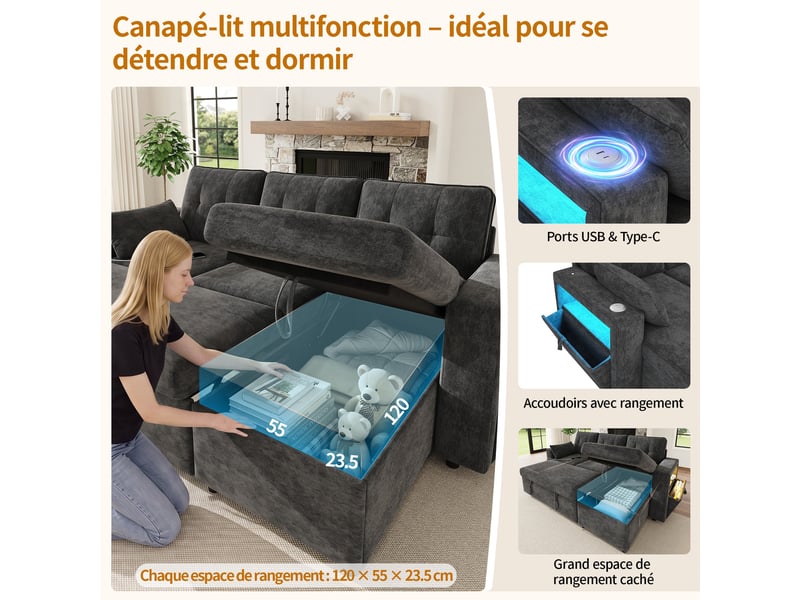 Canapé d'angle en l convertible, méridienne réversible, rangement, led, usbtype-c, tissu chenille gris - Conforama D