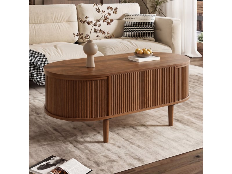  Table basse ovale relevable 100x48x54,5 cm avec plateau réglable, rangement caché, effet ondulé, noyer  - Conforama B