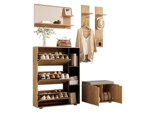 Ensemble meuble d'entrée 150x35x161,5 cm avec miroir, vestiaire effet bois et noir et banc rembourré
