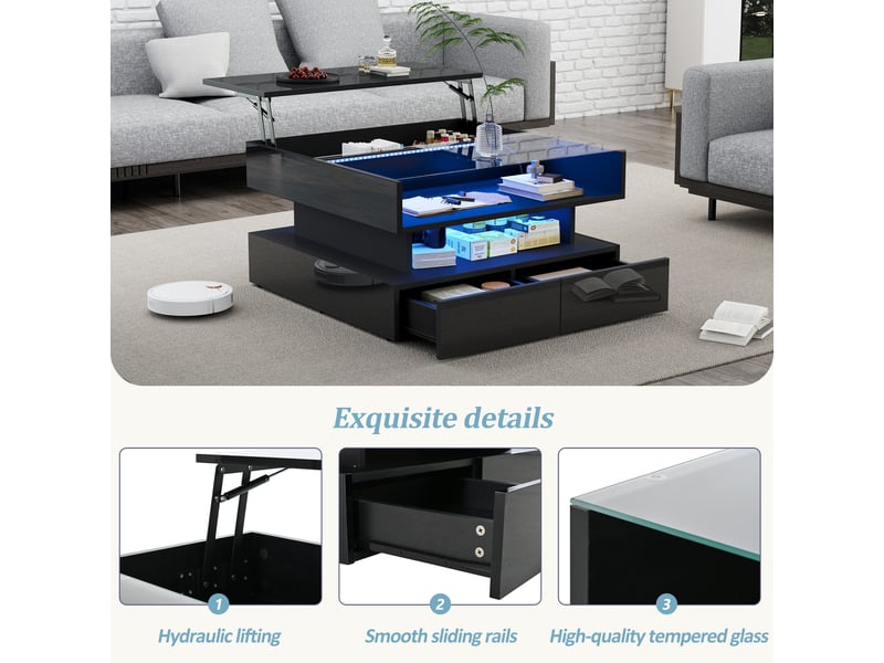 Table basse relevable avec 2 tiroirs, rangements et led pour salon 80×80×45 cm en panneaux de particules noire - Conforama C