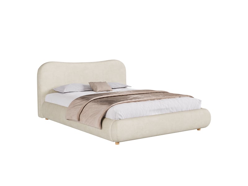  Lit avec rangement 160 × 200 cm, chenille, coffre hydraulique, tête rembourrée, sommier à lattes, pieds en bois, beige  - Conforama A