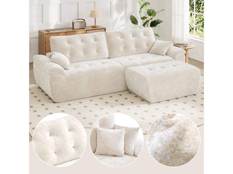  Canapé modulable en chenille beige mousse haute densité avec pouf,canapé salon 275cm style nuage confortable,compressé sans montage 275x174x66CM - Conforama W