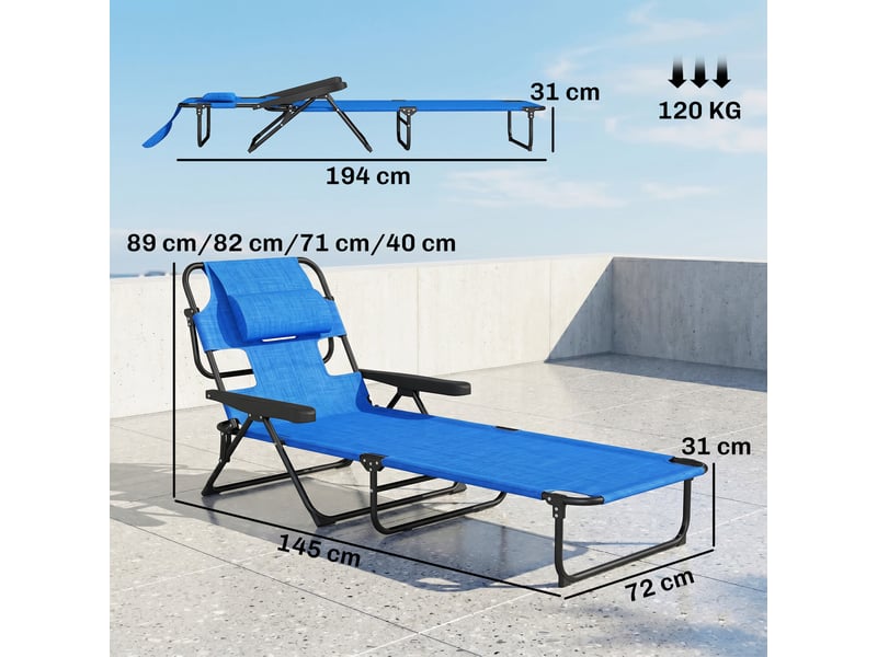  Chaise longue de jardin pliante avec dossier réglable, coussin et ouverture pour le visage, bleu foncé  - Conforama D