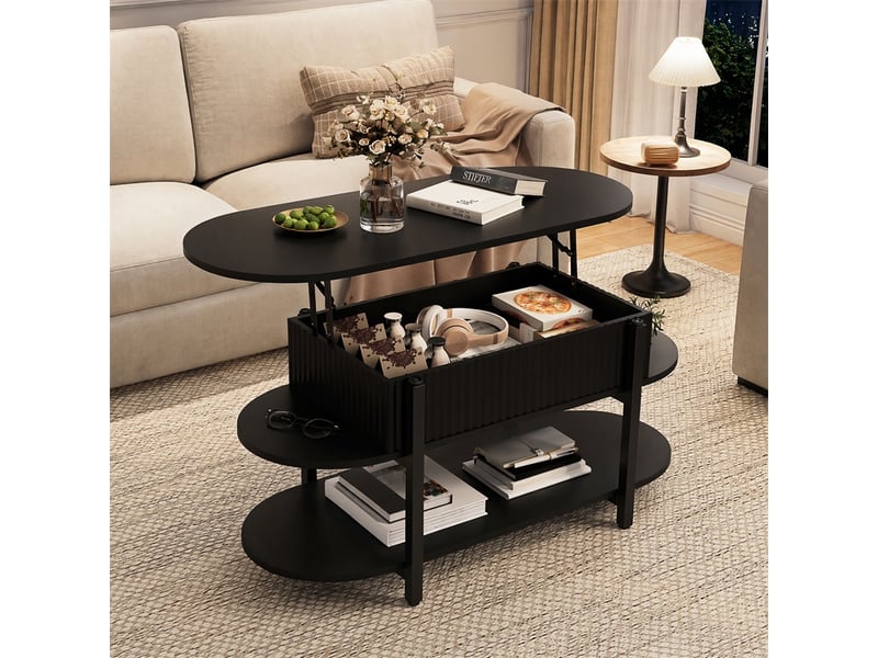 Table basse relevable 106x45x50 cm - plateau relevable avec coffre et 2 étagères de rangement - ovale - noir  - Conforama C