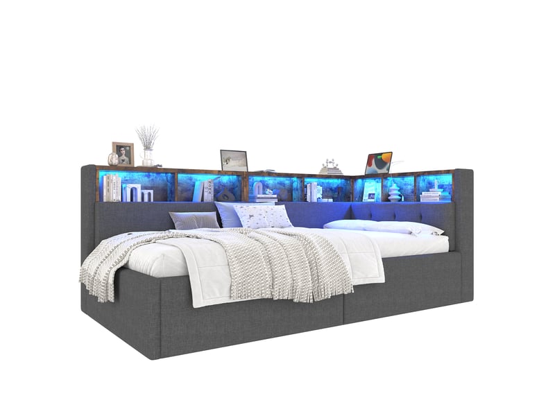  Lit de jour 90x200 cm canapé lit en lin gris avec coffre hydraulique et ports usbtype-c  - Conforama A
