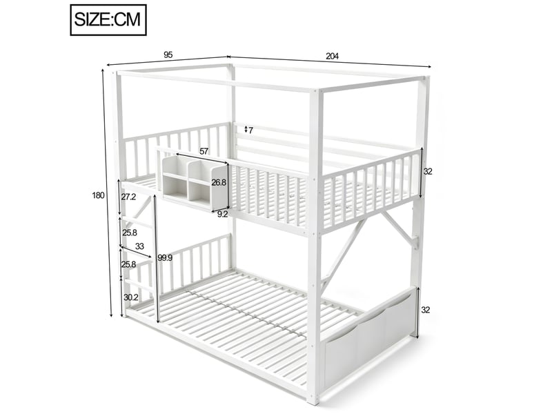 Lit superposé enfant 90x200 cm en métal blanc avec structure de toit et rangements - Conforama C