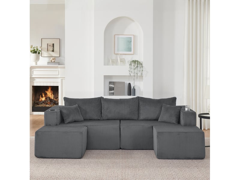 Canapé d'angle modulable 3 places en l avec ottomans gris evryae - Conforama D