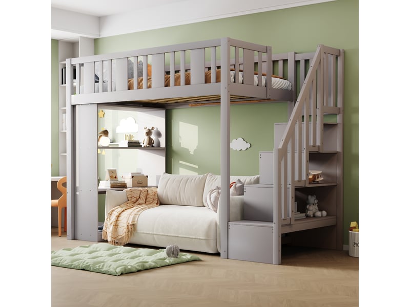  Lit surélevé 90 x 200 cm gris pour enfant, échelle de rangement, grands tiroirs de stockage, sans matelas  - Conforama C