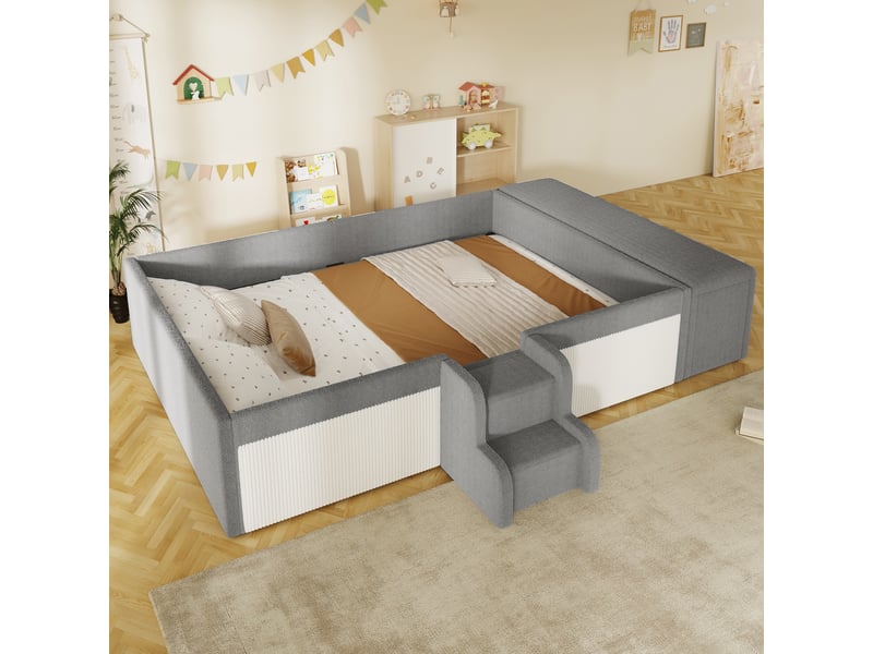  Lit double enfant 140x190 cm, lit au sol rembourré avec banquette coffre de rangement, marche d'accès, tissu bouclé, sans matelas, gris  - Conforama B