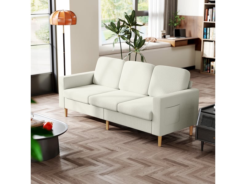  Canapé 3 places en velours côtelé, canapé avec coussins à ressorts et assise rembourré, beige, 192x80x84,5cm  - Conforama W