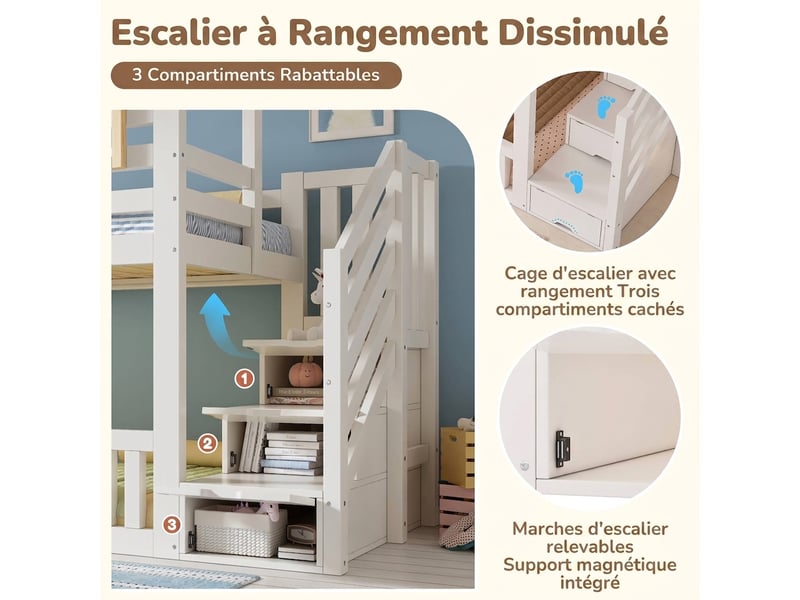  Lit superposé 90x200 cabane enfant en bois avec escalier et rangement - 2 couchages blanc  - Conforama W