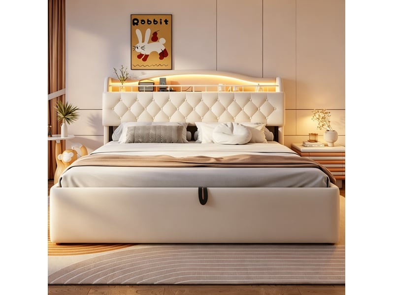  Lit coffre hydraulique 180x200 cm, led usb usb-c, rangements tête de lit, velours et métal, beige sans matelas  - Conforama D