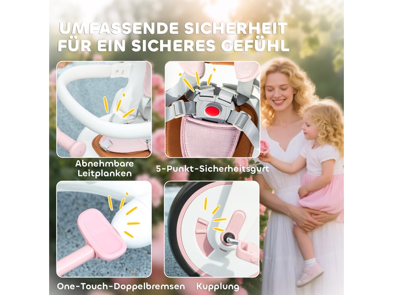 Tricycle enfant transformable en poussette, modèle 5 en 1, poignée de poussée amovible et réglable, ceinture de sécurité, sac de rangement, 1-3 ans, rose - Conforama E