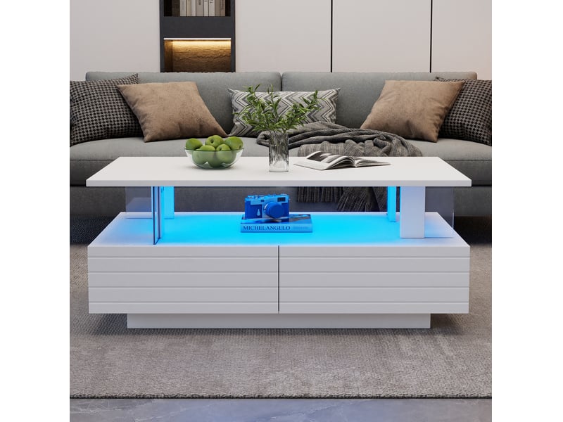  Table basse led blanche 100 x 50 cm avec 2 tiroirs, en panneaux de particules  - Conforama E
