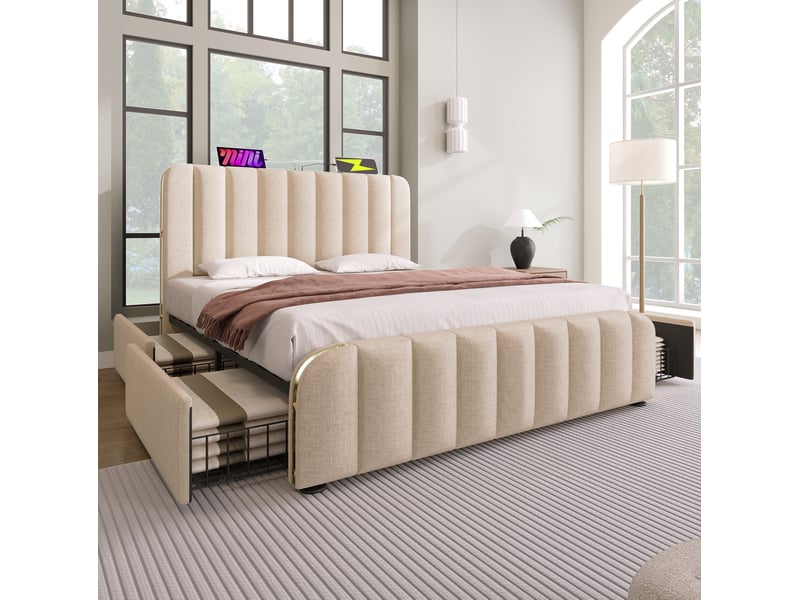  Lit double 160x200 avec rangement et usb type-c beige cravdom  - Conforama D