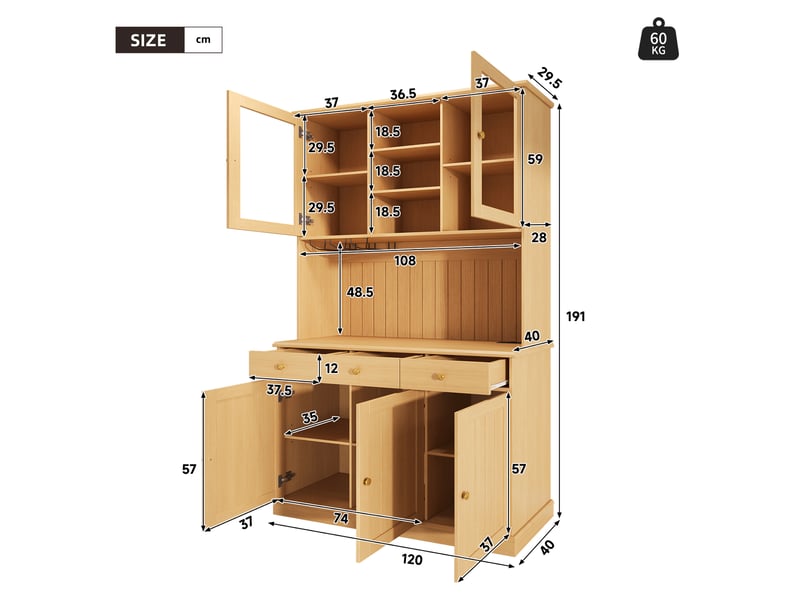  Buffet haut 120x40x191 cm avec portes vitrées, porte-verres, tiroir et rangement réglable, prises usb-c et usb-a, bois naturel OMNIGLINT TRADING LTD - Conforama C