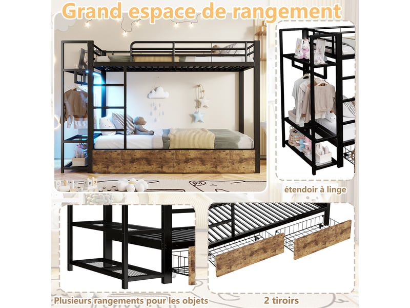  Lit superpose 90x200 cm avec bande lumineuse led et 2 tiroirs, lit enfant avec tringle à vêtements, lit 2 personnes en noir  - Conforama R