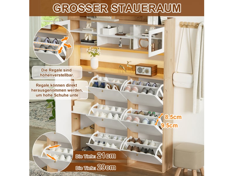  Meuble à chaussures 130x25x180 cm avec led, 6 abattants blanc et naturel  - Conforama E