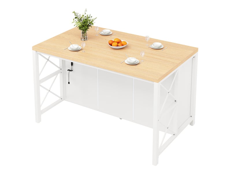  Îlot de cuisine avec 3 tiroirs et portes vitrées, éclairage, pieds réglables, 150x80x90 cm, blanc et naturel  - Conforama E