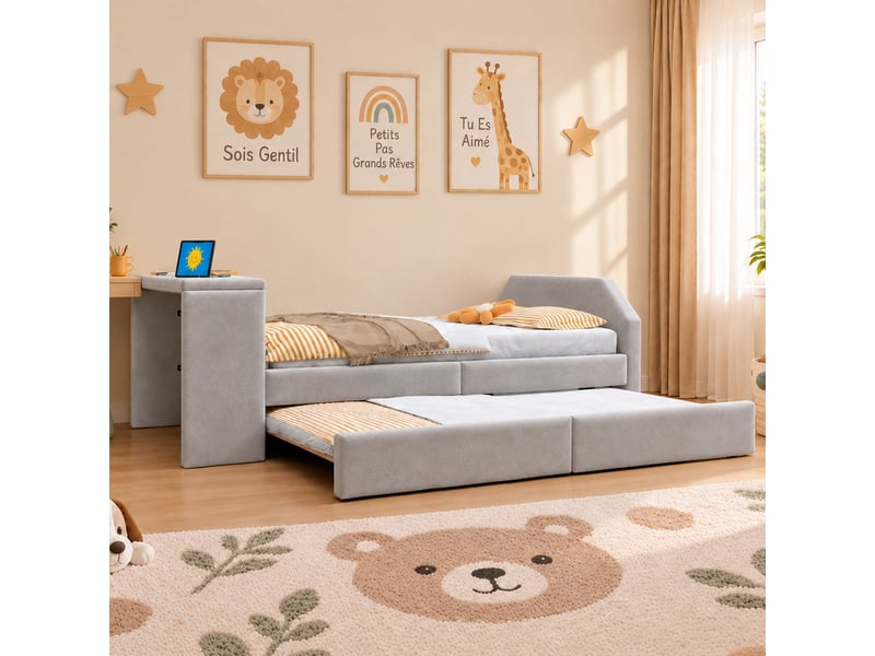 Lit enfant 90 x 200 cm rembourré en velours avec bureau, usb et lit gigogne - Conforama E