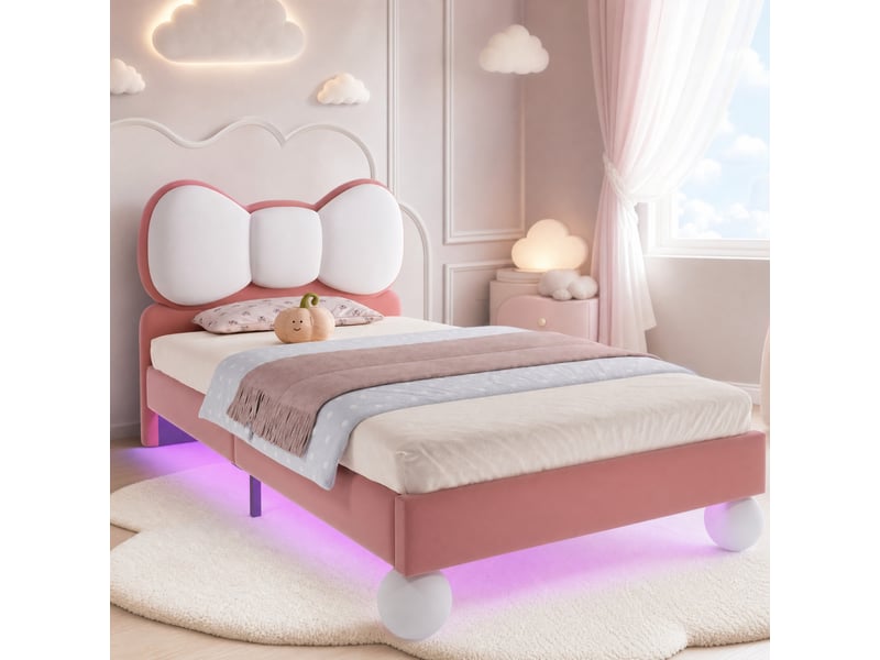  Lit enfant une place beige et rose 90 x 200 cm avec tête de lit nœud et led  - Conforama D