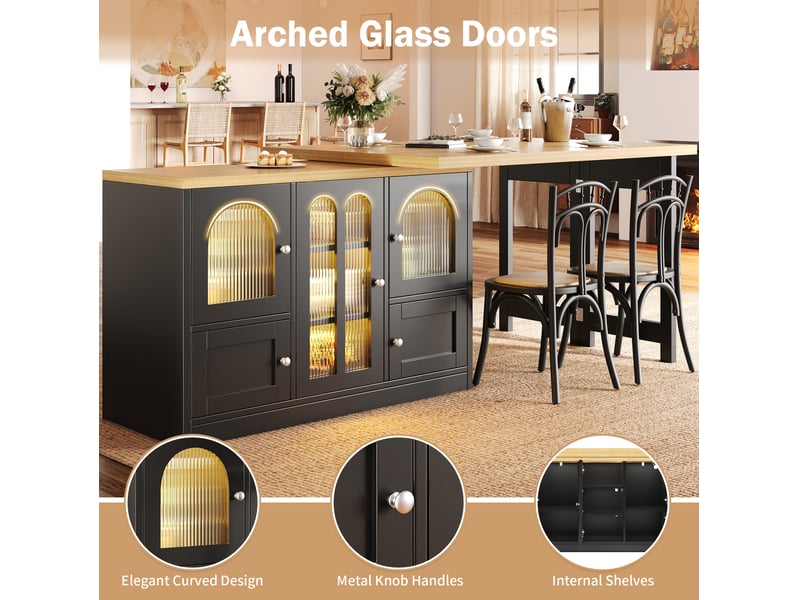  Buffet de cuisine en table 120-197x40x72 cm avec led, noir  - Conforama E
