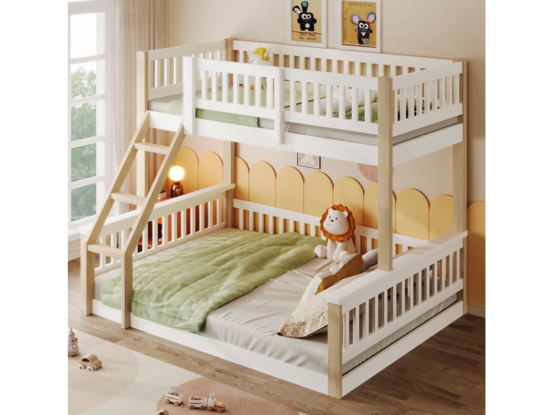 Lit superposé enfant 90x200+140x200 gain de place, barrières sécurité échelle stable pin blanc et naturel, sans matelas - Conforama D