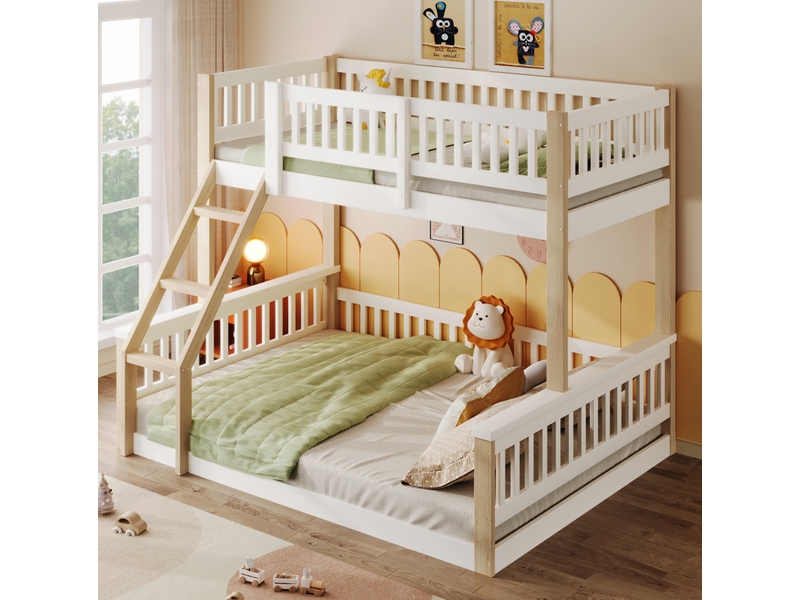  Lit superposé enfant 90x200+140x200 gain de place, barrières sécurité échelle stable pin blanc et naturel, sans matelas  - Conforama D