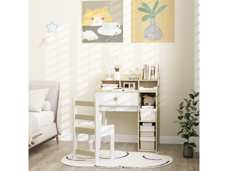  Bureau enfant avec chaise blanc et bois 80,4 x 50 x 96 cm avec rangement et tiroir  - Conforama D