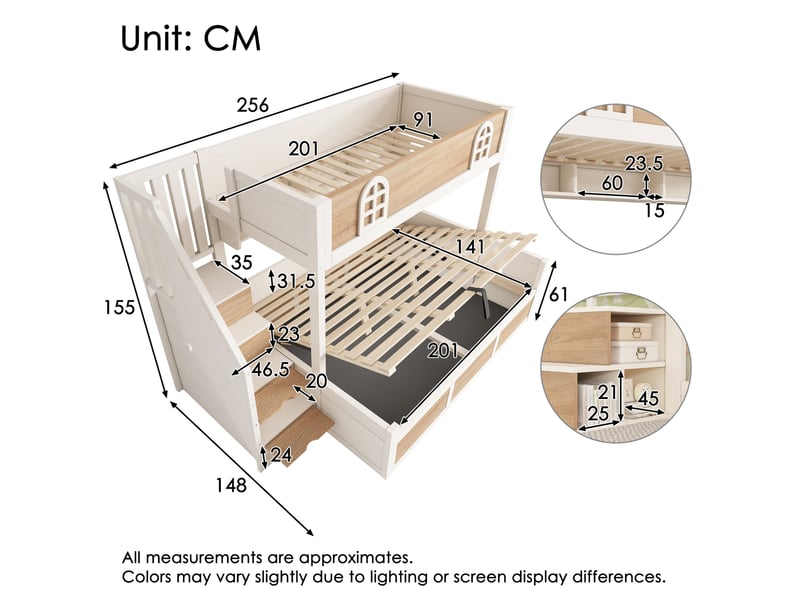 Lit superposé 1 et 2 places 90 × 200 cm et 140 × 200 cm avec coffre, escalier et étagères, sans matelas - Conforama D