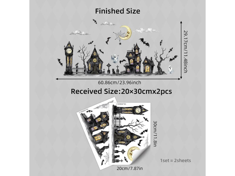  Lot de 2 décalcomanies halloween 20x30cm, motif maison hantée et fantômes – adhérence statique double face, sans colle ni résidu  - Conforama B
