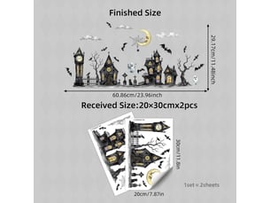 Lot de 2 décalcomanies halloween 20x30cm, motif maison hantée et fantômes – adhérence statique double face, sans colle ni résidu