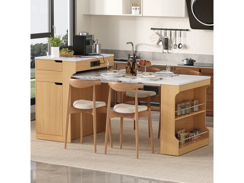  Ilot central de cuisine - 80x55x153cm - desserte extensible avec table, prises, étagères et roulettes - bois naturel  - Conforama C