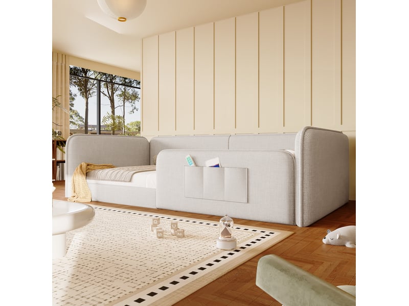  Lit plateforme modenvie 90 x 200 cm rembourré en lin beige avec cadre de sécurité et poches de rangement  - Conforama E