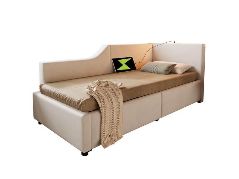 Lit banquette coffre hydraulique 90x200 cm en velours beige avec lampe et usb-c - Conforama A