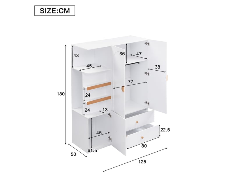  Armoire de rangement blanc et naturel en mdf avec penderie, étagères ouvertes et 2 tiroirs - 125 x 50 x 180 cm  - Conforama E