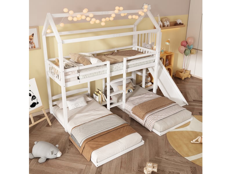  Lit superposé 90x200 cm avec toboggan et toit en bois et mdf blanc  - Conforama C