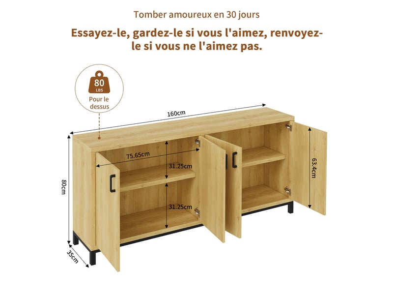  Buffet de cuisine 160 x 35 x 80 cm - bois naturel et noir - meuble de rangement à 4 portes, style industriel et scandinave  - Conforama B