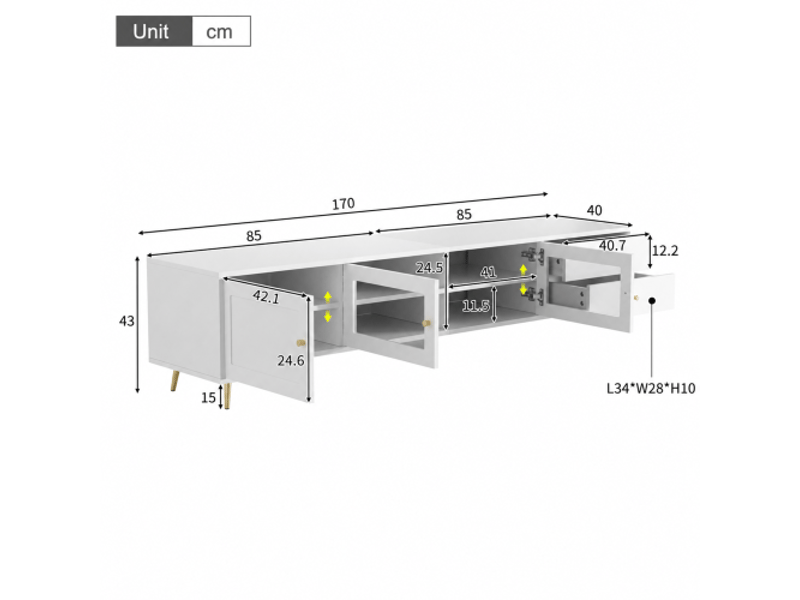  Meuble tv bas blanc 170×40×43 cm – 2 tiroirs, 2 portes vitrées, 1 porte, rangements, étagères réglables, poignées métal  - Conforama C